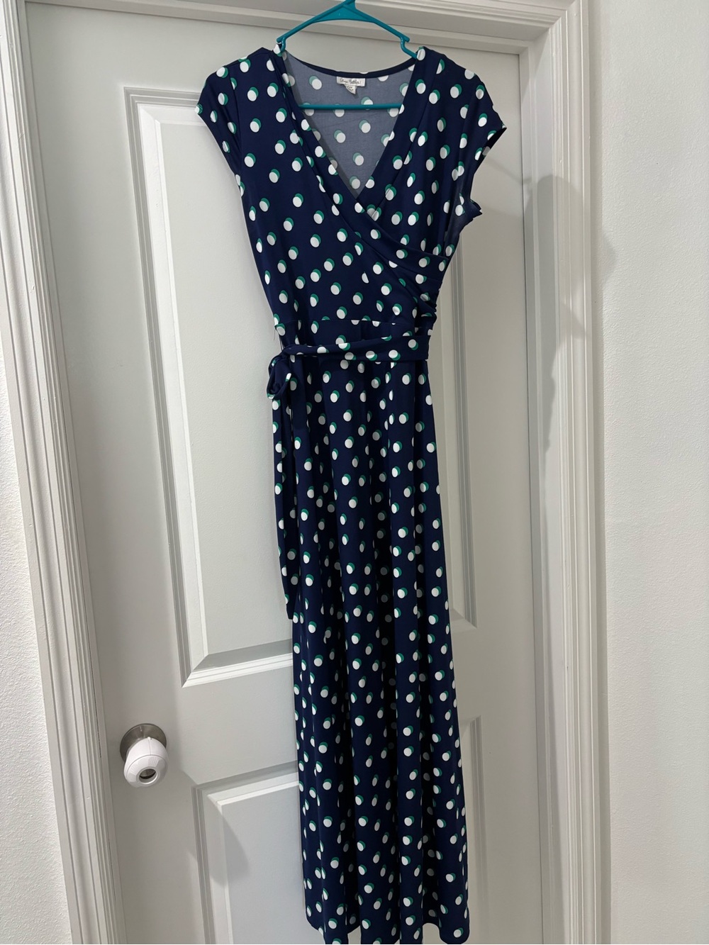Olivia Matthews Navy Polka Dot Wrap Maxi Dress with Mint Accents